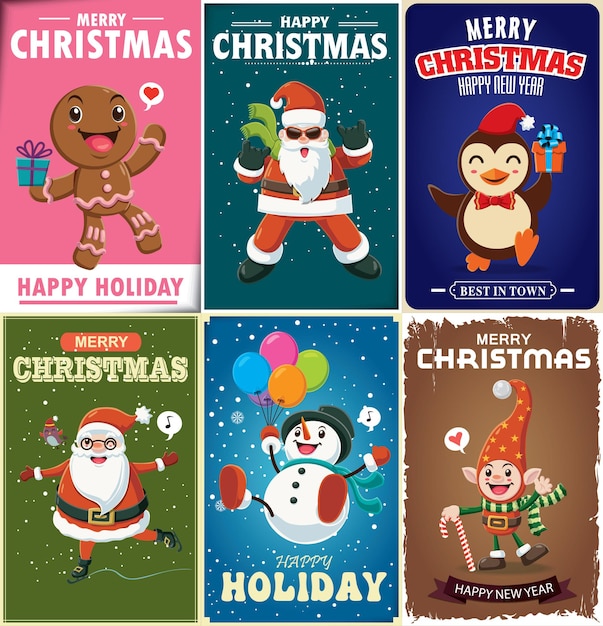 Vintage christmas poster design with santa claus elf gingerbread snowman penguin characters