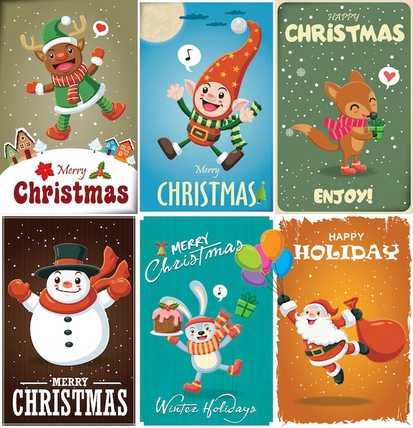 Vintage Christmas poster design with Santa Claus elf reindeer snowman fox rabbit characters