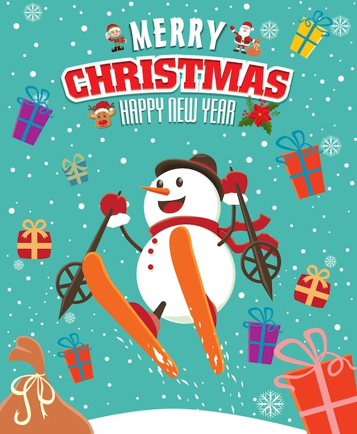 Vintage Christmas poster design with snowman