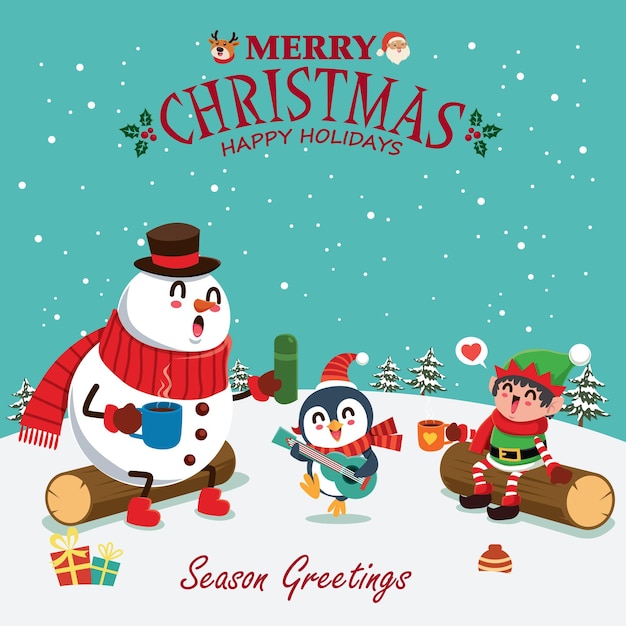 Vintage Christmas poster design with vector Santa Claus elf snowman penguin reindeer characters