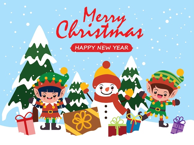 Vintage Christmas poster design with vector Snowman elf characters