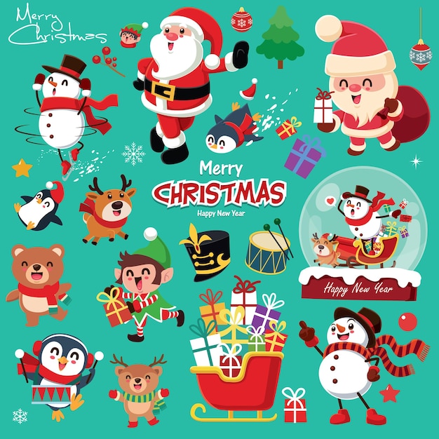 Vintage Christmas poster design with vector snowman reindeer penguin Santa Claus elf bear characters