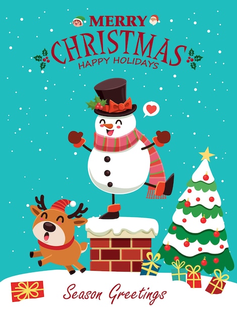 Poster di natale vintage design con personaggi di elfo di babbo natale renna pinguino vettoriale pupazzo di neve