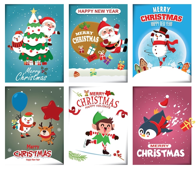 Vintage christmas poster design with vector snowman reindeer penguin santa claus elf characters