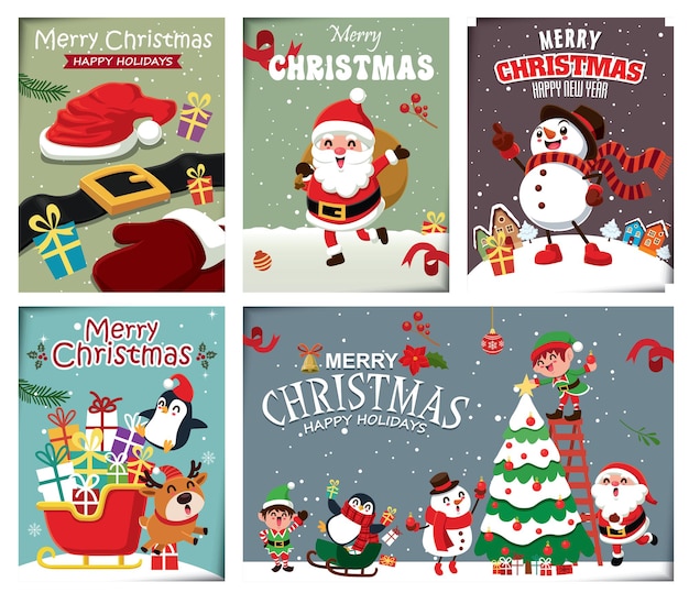 Vintage christmas poster design with vector snowman reindeer penguin santa claus elf characters