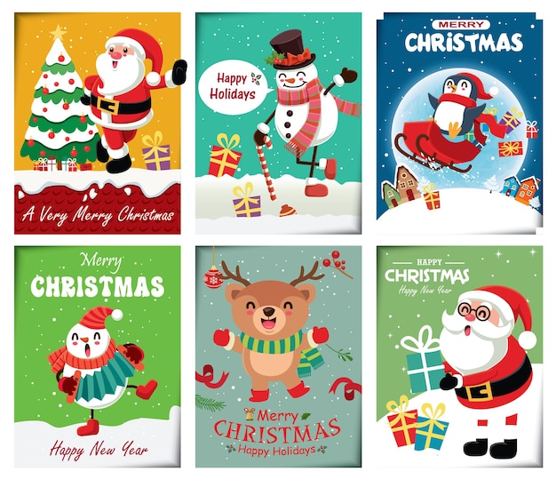 Старинный рождественский дизайн плаката с векторными персонажами снеговика, оленей, пингвинов, Санта-Клауса, эльфов, лис,