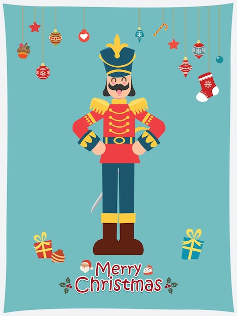 Vector vintage christmas poster design with vector toy soldier santa claus snowman characters