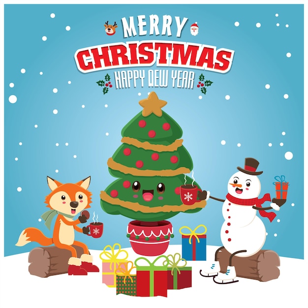 Vintage Christmas poster design with vector tree Santa Claus fox snowman reindeer