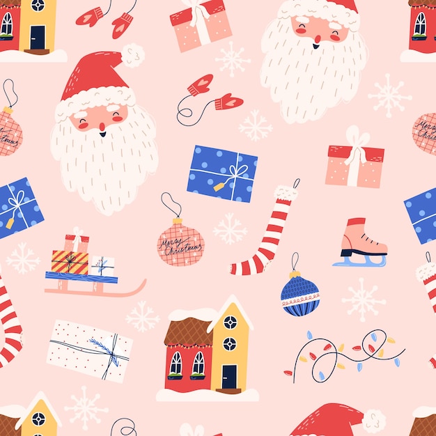 Modello senza cuciture di natale vintage - illustrazione vettoriale piatta su sfondo rosa. ottimo per avvolgere carta e biglietti di auguri. babbo natale, slitta, regalo, ornamento e casa d'inverno.