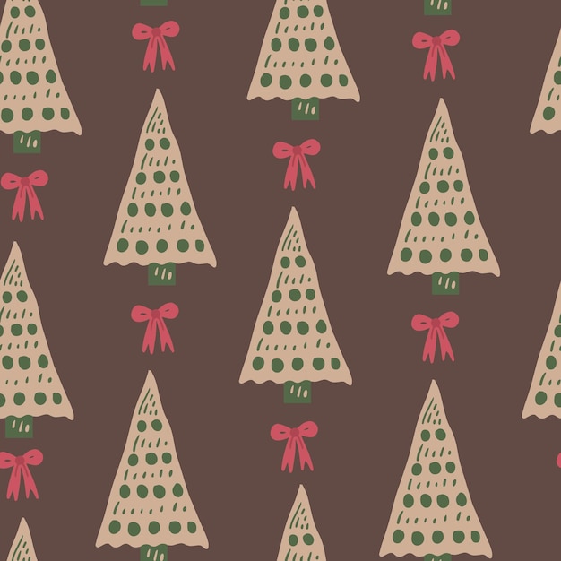 Vintage Christmas seamless pattern with tree and bow