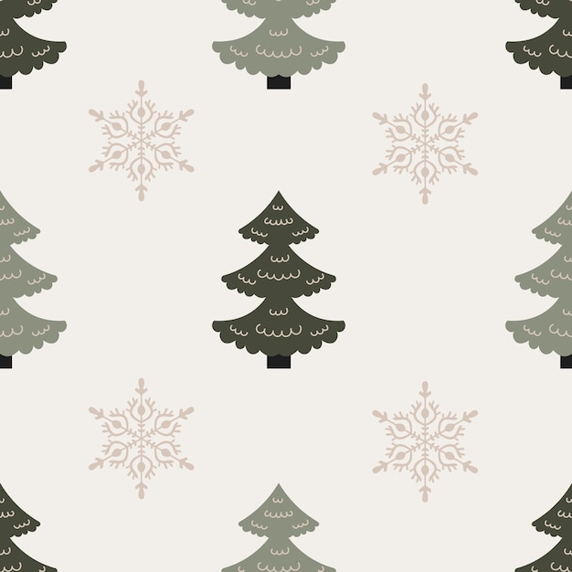 Vintage Christmas seamless pattern with tree and snowflake