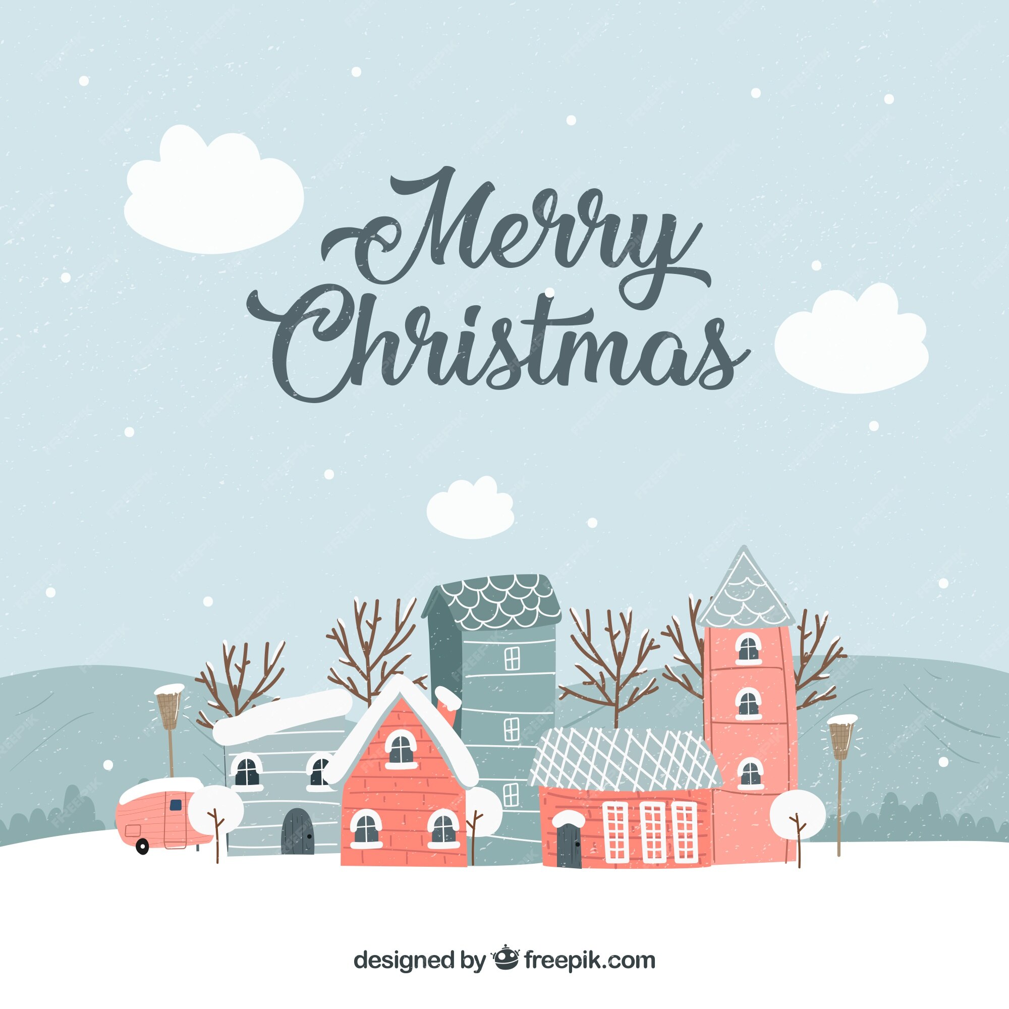 Premium Vector | Vintage christmas town in grey tones with red buildings