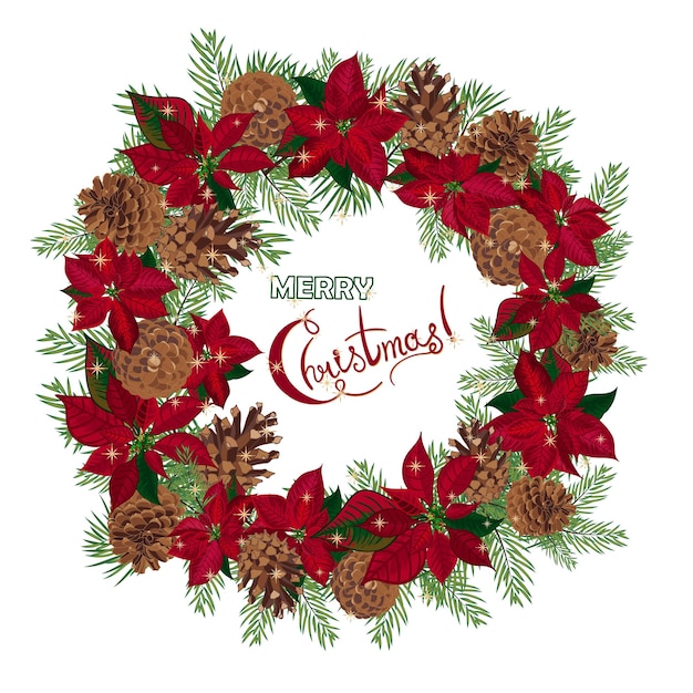 Vintage Christmas wreath with pine cones and poinsettia isolated on white background