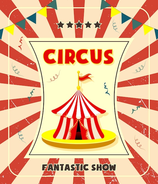 Manifesto pubblicitario del circo vintage con tendone e texture grunge per festival e intrattenimento