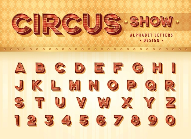 Lettere e numeri dell'alfabeto del circo vintage alfabeto 3d retrò con carattere ombra bold drop shadow letters set