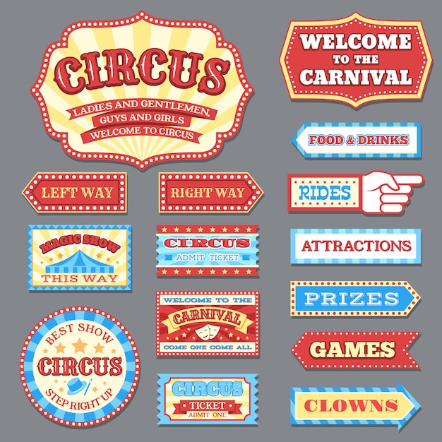 Vintage circusetiketten en carnaval uithangborden vector collectie