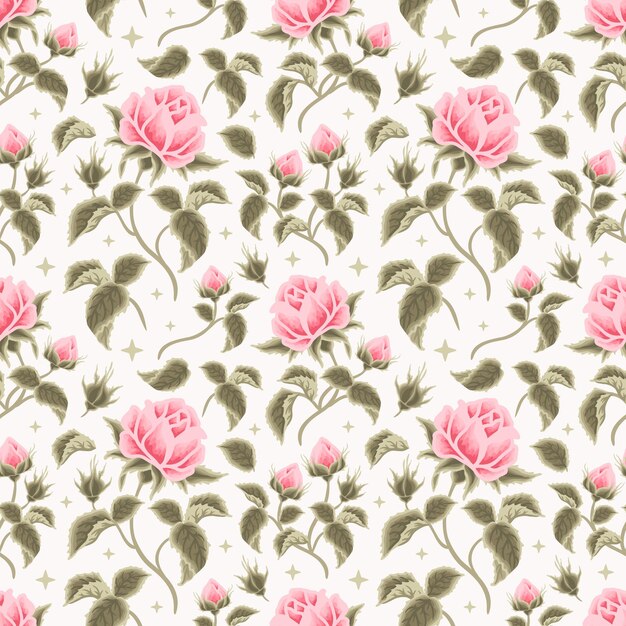 Vector vintage classic and aesthetic hand drawn shabby chic pink rose flower seamless pattern