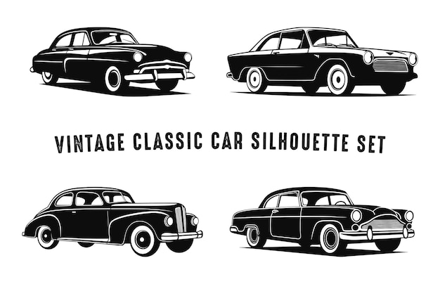 Vintage classic Car Vector Silhouette Set Old Cars black car Sketch illustration bundle