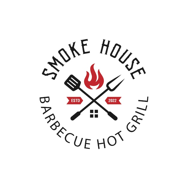Винтажные классические логотипы коптильни барбекю барбекю дым и гриль ресторан логотип шаблон векторного деревенского жареного логотипа