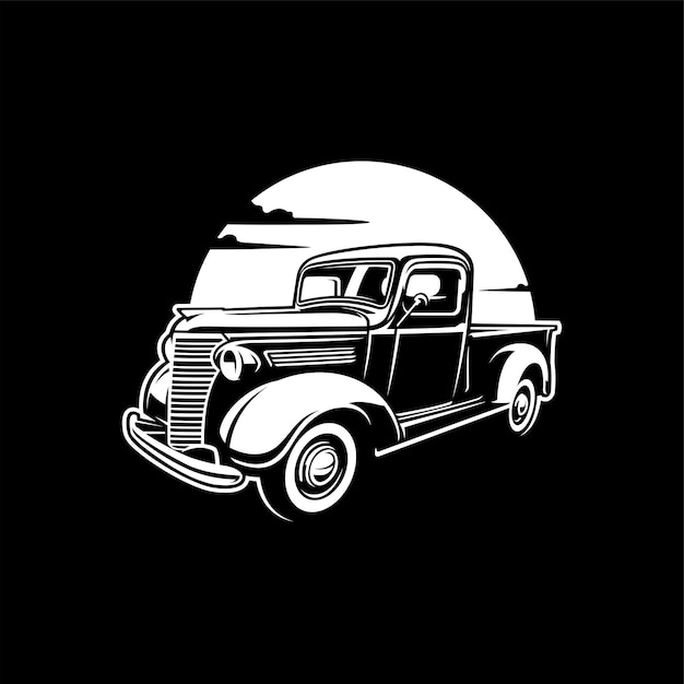 Vector vintage, classic old truck illustration in black background