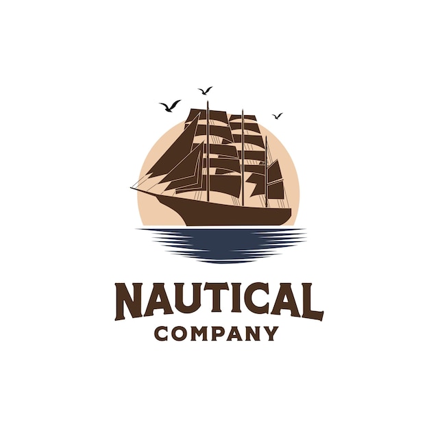 Vector vintage classic ship sailboat on the ocean with sunset background illustration logo design