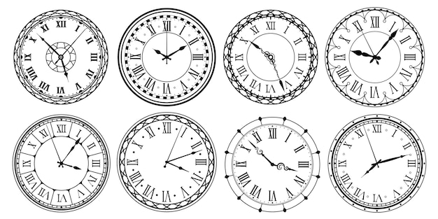 ベクトル ヴィンテージ時計の文字盤。ローマ数字、華やかな時計、アンティック時計のデザインのレトロな時計の時計の文字盤