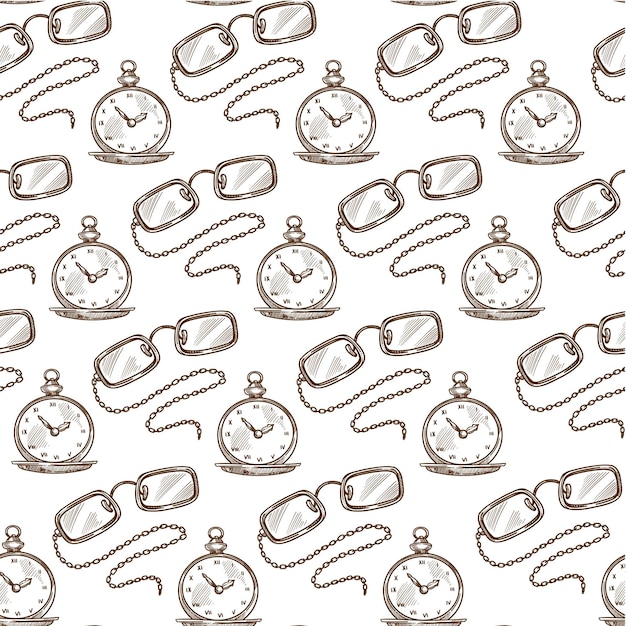 Vintage clock and glasses with chain monochrome seamless pattern