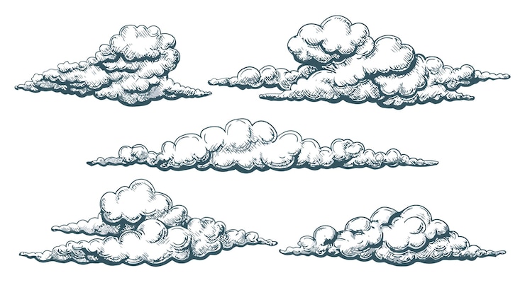 Vector vintage cloudscape clouds sketch illustrated drawing hand drawn cloud set in sky decorative retro