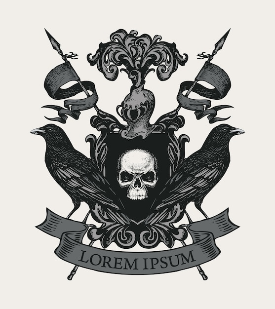 Vintage coat of arms with ravens and human skull