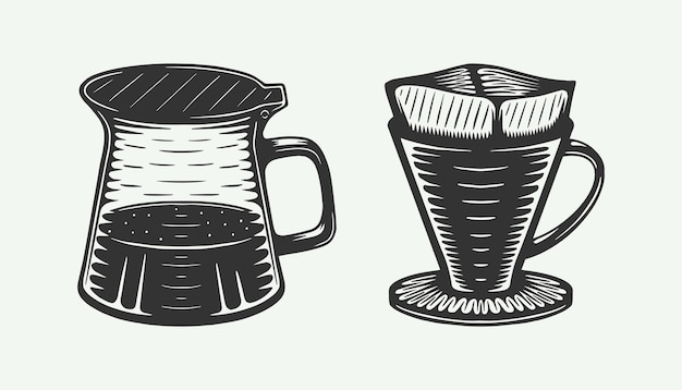 ビンテージ コーヒー ポットと v60 フィルターのセット エンブレム ロゴ バッジ ラベルまたはマークのように使用することもできます ポスターまたは印刷物のように使用することもできます モノクロ グラフィック アート ベクトル IllustrationxA