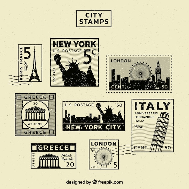 Vettore collezione d'epoca di francobolli di diverse città