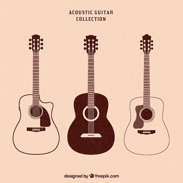 Vector vintage collection of three acoustic guitars