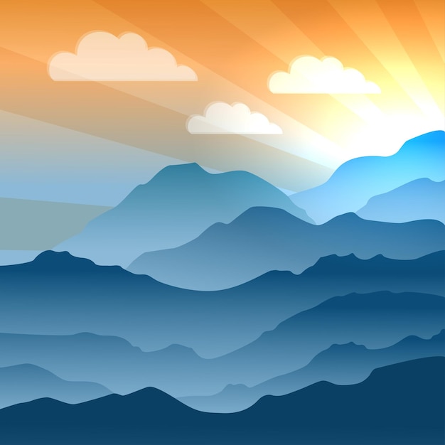 Vintage colorful background with sun and mountains.