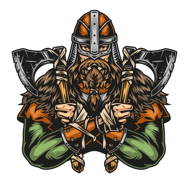 Винтажная красочная концепция воина викинга в шлеме, держащего топоры в двух руках, изолированные векторные иллюстрации