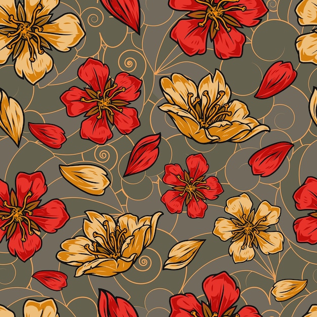 Vintage colorful japanese floral seamless pattern with beautiful sakura flowers and petals on traditional abstract