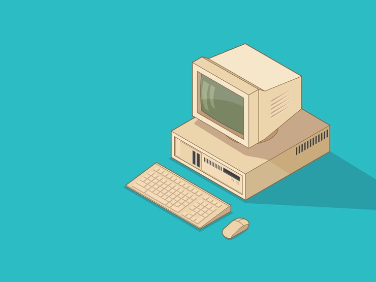 Vector vintage computer on screen color background