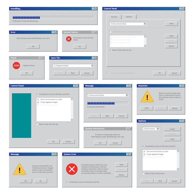 Vintage computer windows. desktop interface retro user frames pop up boxes internet explorer blank windows garish vector templates set. illustration old system frame, box interface message