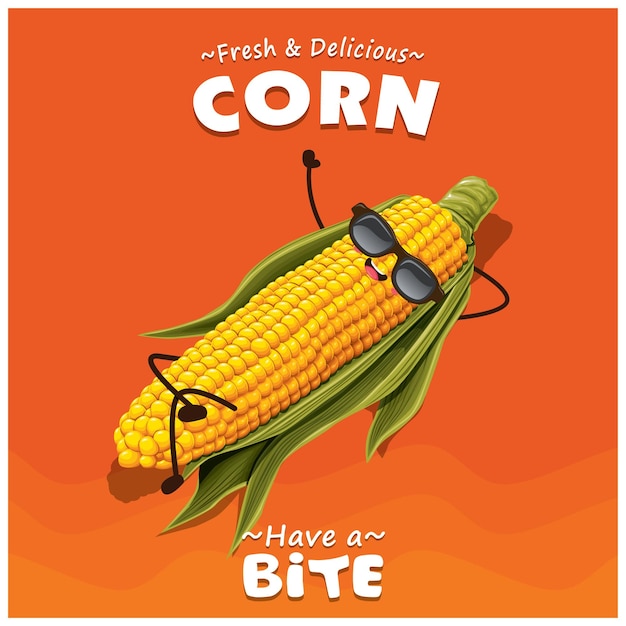 Vector vintage corn poster design with vector corn character