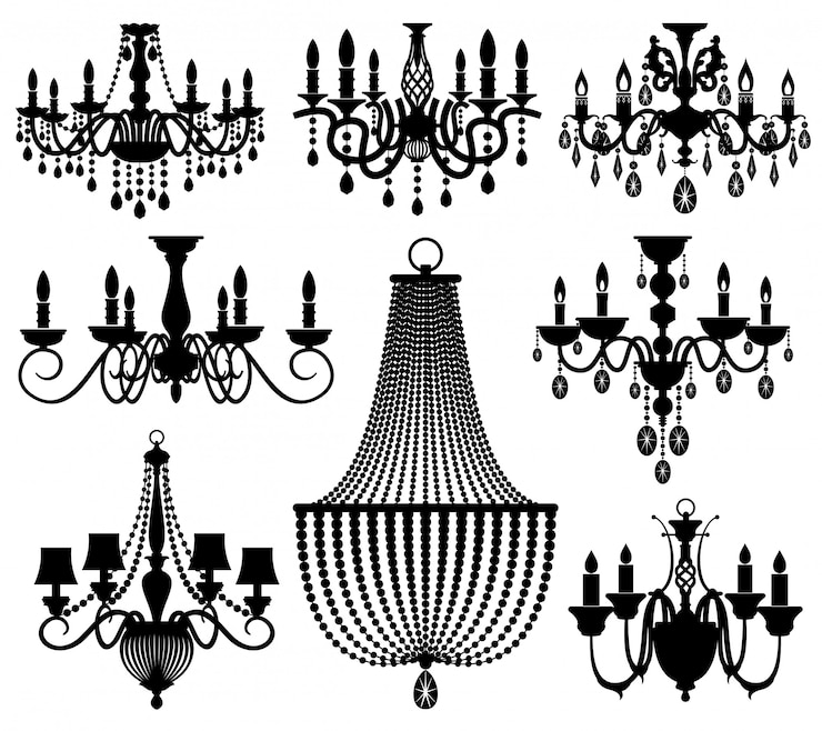 Vector vintage crystal chandeliers silhouettes isolated on white