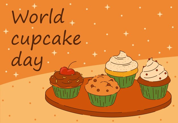 Vettore disegno di cartolina vintage per la giornata dei cupcake con muffin diversi