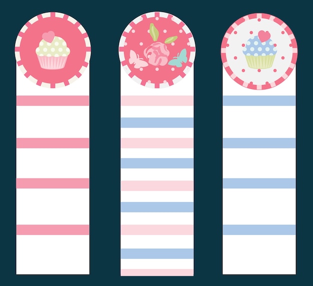Vintage cupcake and flower pink-blue bookmarks