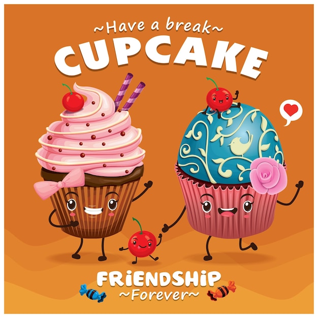 Vintage Cupcake poster design with vector cupcake character.