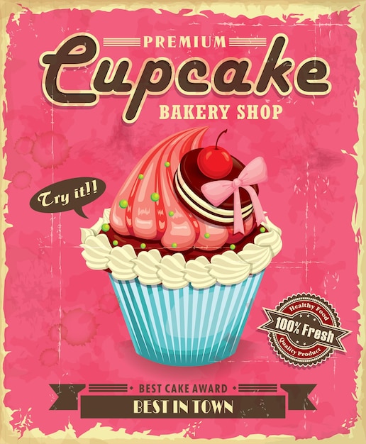 Vettore disegno del manifesto di cupcake vintage