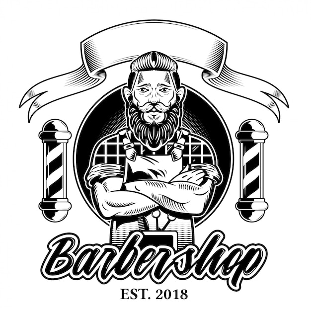 Vintage custom graphic design engraving hipster man barber with big black beard mustache and stylish hairstyle barbershop