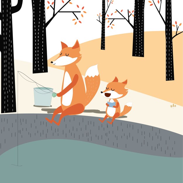 Vector vintage cute spring summer baby fox and dad fishing in the spring forest