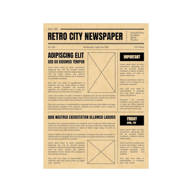 Vector vintage daily newspaper template sheet old style design include of text column article and advertising vector illustration