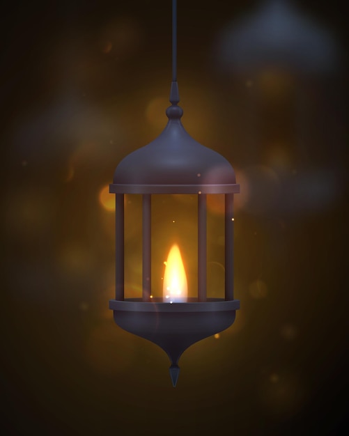 Vector vintage dark blue lantern with a burning realistic fire. vector illustration