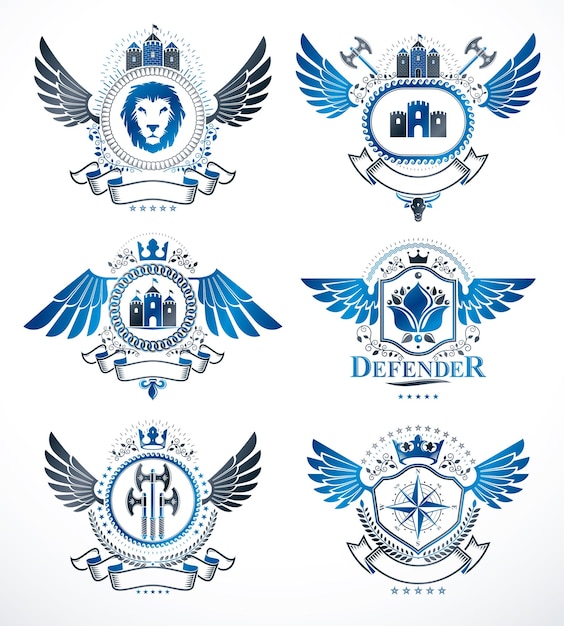 Vintage decoratieve emblemen composities, heraldische vectoren. Stijlvolle symbolische illustratiescollectie van hoge kwaliteit, vectorset.