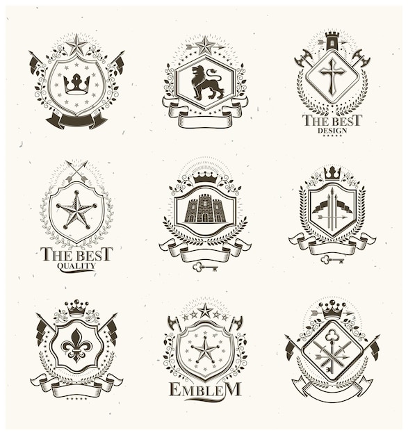 Vector vintage decoratieve emblemen composities, heraldische vectoren. stijlvolle symbolische illustratiescollectie van hoge kwaliteit, vectorset.