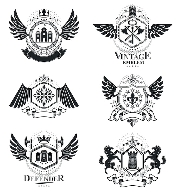 Vector vintage decorative emblems compositions, heraldic vectors. classy high quality symbolic illustrations collection, vector set.